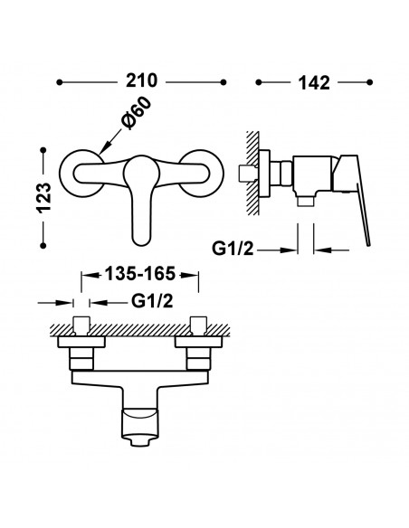 Bateria natryskowa jednouchwytowa ścienna TRES BASE 21526710