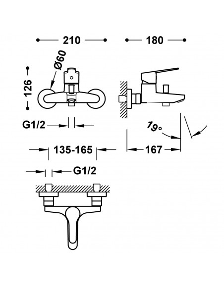 Bateria wannowa jednouchwytowa ścienna TRES BASE 21517010