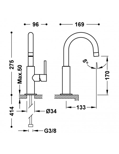 Bateria umywalkowa stojąca z boczną dźwignią TRES - STUDY 26290403KMB