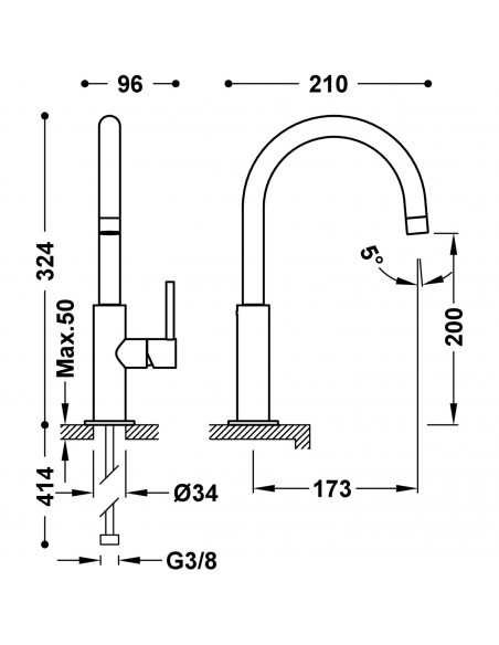 Bateria umywalkowa stojąca wysoka z boczną dźwignią TRES - STUDY 26290402KMB
