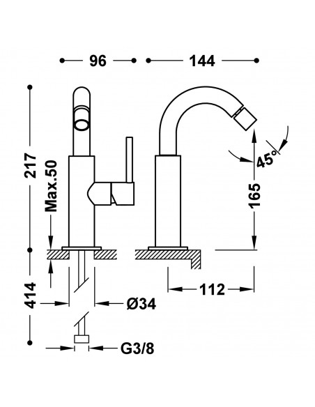 Bateria jednouchwytowa bidetowa z boczną dźwignią TRES - STUDY 26222402KMB