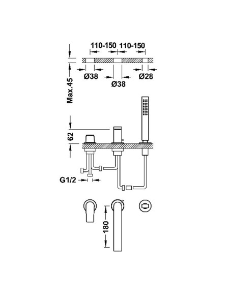 Bateria jednouchwytowa z montażem na krawędzi wanny TRES - PROJECT 21116101KMB
