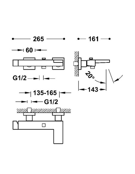 Bateria wannowa jednouchwytowa ścienna TRES - SLIM 20217001KMB