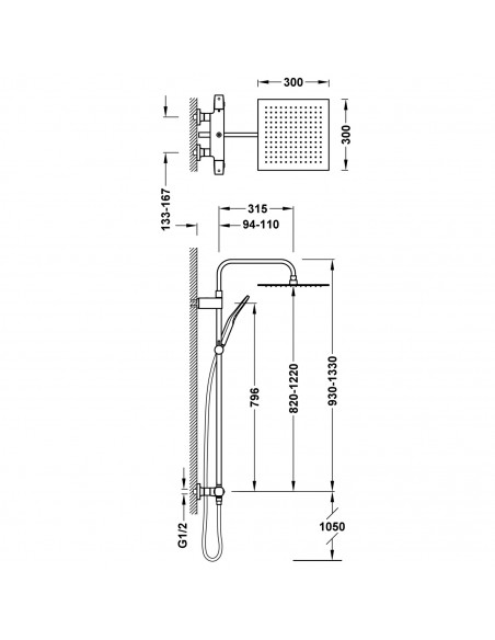 Zestaw baterii termostatycznej naściennej 2-drożnej prysznicowej TRES Over-wall 19038702KMB