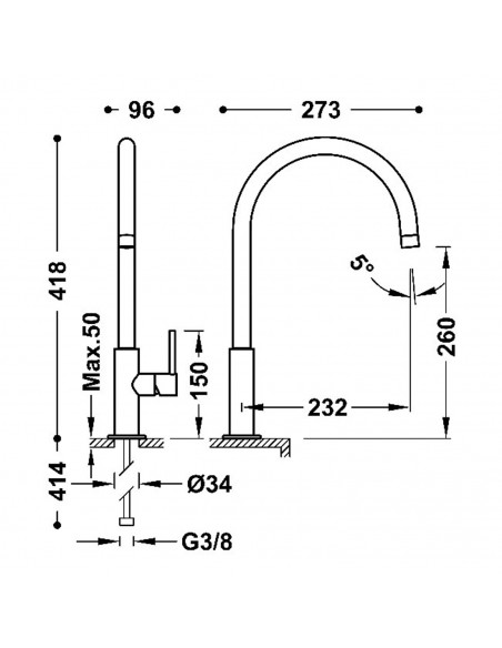Bateria umywalkowa stojąca wysoka XXL z boczną dźwignią TRES - STUDY 26290401OM