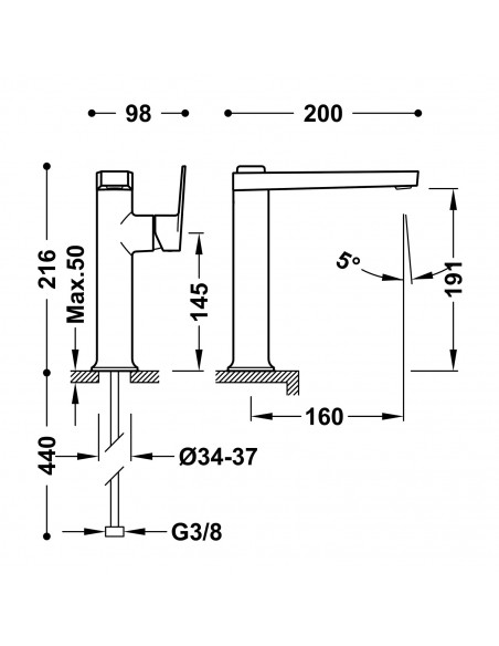 Bateria umywalkowa z boczną dźwignią stojąca TRES - PROJECT 22164701