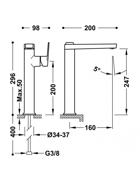 Bateria umywalkowa z boczną dźwignią stojąca TRES - PROJECT 22184701