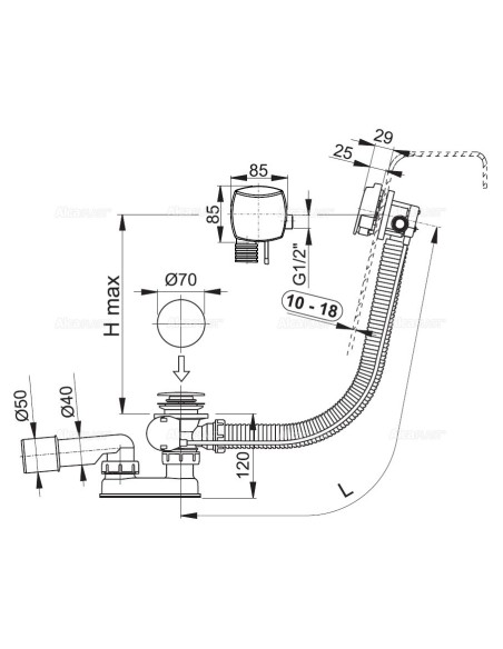Alcaplast Syfon wannowy automatyczny z napełnianiem przelewem do wanien grubościennych (długośc 80 cm) A565KM1 80