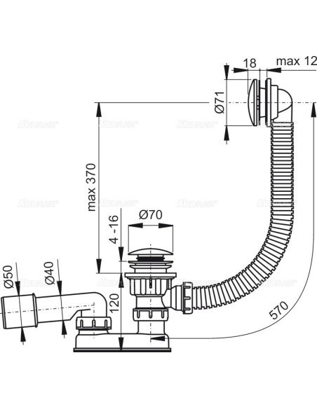 Alcaplast Syfon wannowy z korkiem click/clack metal A504KM