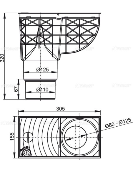 Alcaplast Wpust deszczowy uniwersalny 300 × 155/125/110 dolny, szary AGV4S