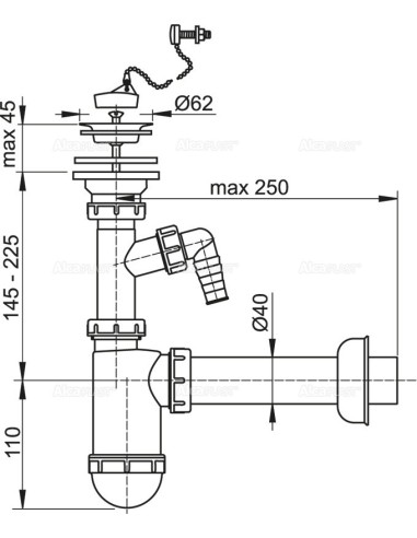 Alcaplast Syfon umywalkowy Ø40 z przyłączem i nierdzewnym sitkiem Ø63, łańcuszek A41PR