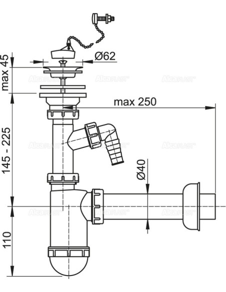 Alcaplast Syfon umywalkowy Ø40 z przyłączem i nierdzewnym sitkiem Ø63, łańcuszek A41PR