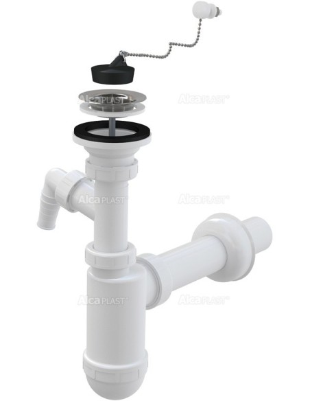 Alcaplast Syfon umywalkowy Ø40 z przyłączem i nierdzewnym sitkiem Ø63, łańcuszek A41PR