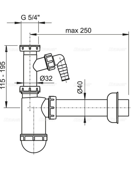 Alcaplast Półsyfon umywalkowy Ø40 z przyłączem i z nakretką 5/4" A43P