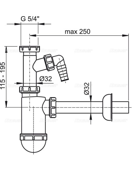 Alcaplast Półsyfon umywalkowy Ø32 z przyłączem i z nakretką 5/4"  A430P