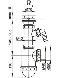 Alcaplast Syfon zlewozmywaka z podłączeniem pralki sitko nierdzewne Ø70 A441P Ø50/40 2
