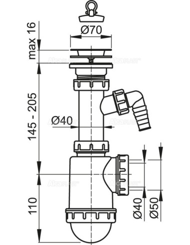 Alcaplast Syfon zlewozmywaka z podłączeniem pralki sitko nierdzewne Ø70 A441P Ø50/40