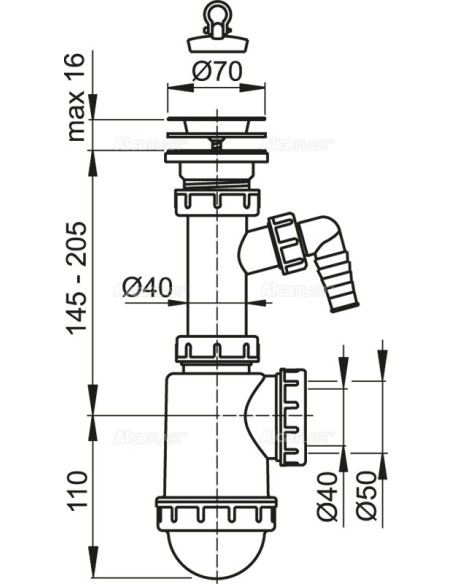 Alcaplast Syfon zlewozmywaka z podłączeniem pralki sitko nierdzewne Ø70 A441P Ø50/40