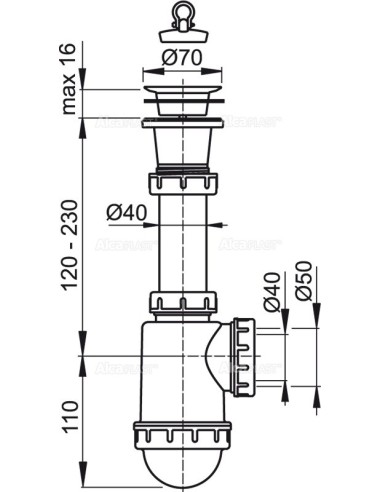 Alcaplast Syfon zlewozmywaka sitko plastikowe Ø70 A442 Ø50/40