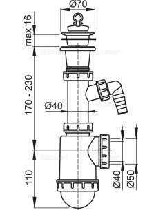 Alcaplast Syfon zlewozmywaka z podłączeniem pralki sitko plastikowe Ø70 A442P Ø50/40 2
