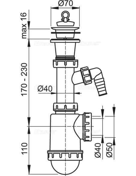 Alcaplast Syfon zlewozmywaka z podłączeniem pralki sitko plastikowe Ø70 A442P Ø50/40