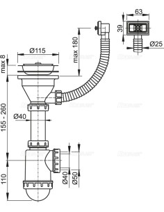 Alcaplast Syfon zlewozmywaka z przelewem sitko nierdzewne Ø115  A447 Ø50/40 2