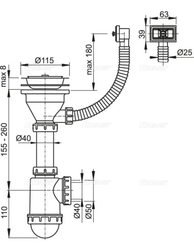 Alcaplast Syfon zlewozmywaka z przelewem sitko nierdzewne Ø115  A447 Ø50/40