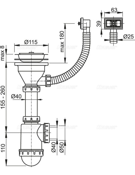 Alcaplast Syfon zlewozmywaka z przelewem sitko nierdzewne Ø115  A447 Ø50/40