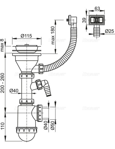 Alcaplast Syfon zlewozmywaka z przelewem i podłączeniem pralki sitko nierdzewne Ø115  A447P Ø50/40