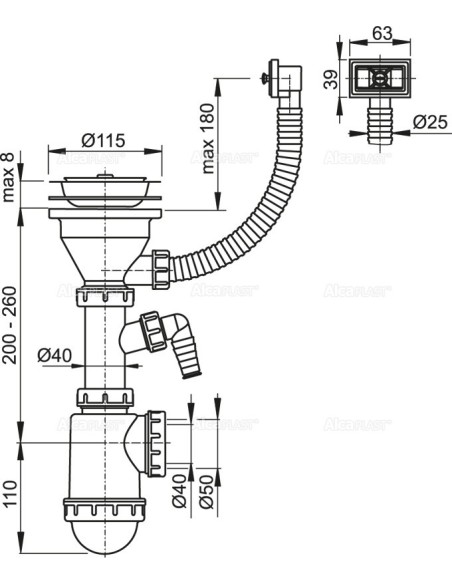 Alcaplast Syfon zlewozmywaka z przelewem i podłączeniem pralki sitko nierdzewne Ø115  A447P Ø50/40