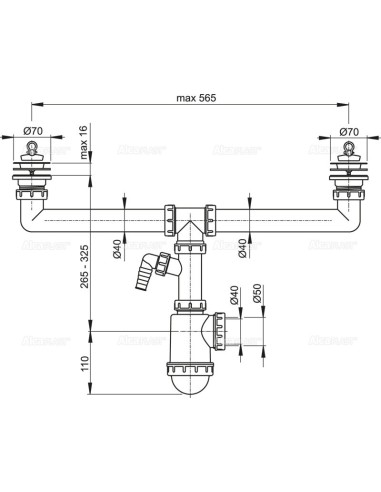 Alcaplast Syfon zlewu dwukomorowego z podłączeniem pralki sitka nierdzewne Ø70 A449P Ø50/40