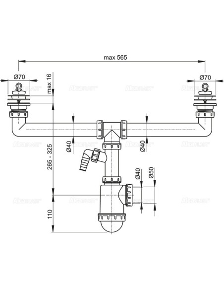 Alcaplast Syfon zlewu dwukomorowego z podłączeniem pralki sitka nierdzewne Ø70 A449P Ø50/40