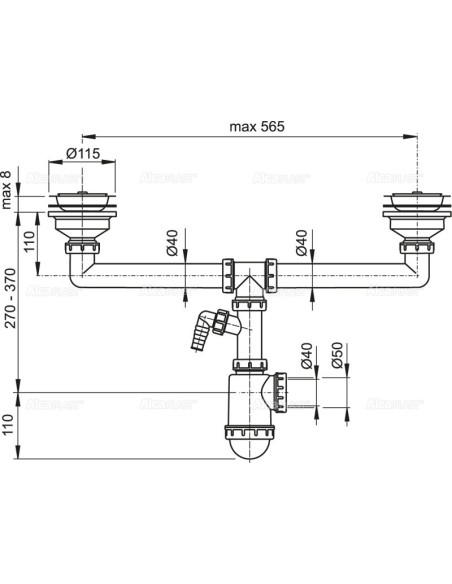 Alcaplast Syfon zlewu dwukomorowego z podłączeniem pralki sitka nierdzewne Ø115 A453P
