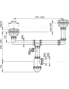Alcaplast Syfon zlewu dwukomorowego z podłączeniem pralki sitka nierdzewne Ø115 dwupoziomowy A454P 2
