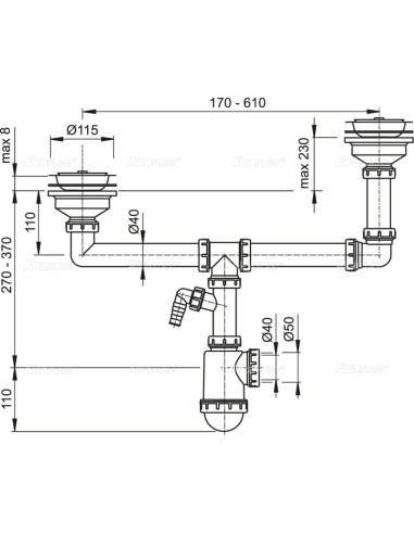 Alcaplast Syfon zlewu dwukomorowego z podłączeniem pralki sitka nierdzewne Ø115 dwupoziomowy A454P