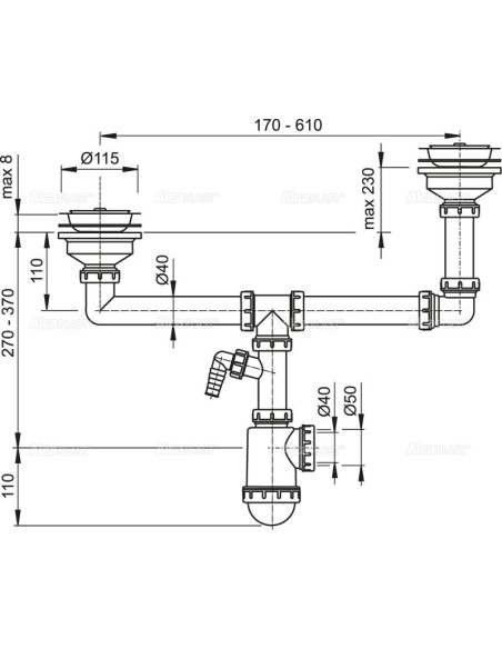 Alcaplast Syfon zlewu dwukomorowego z podłączeniem pralki sitka nierdzewne Ø115 dwupoziomowy A454P