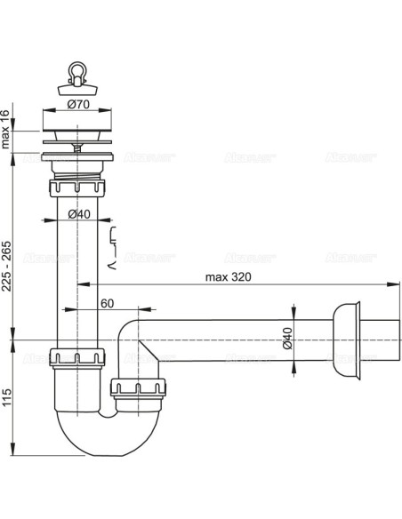 Alcaplast Syfon zlewozmywaka rurowy Ø70 A800 Ø40