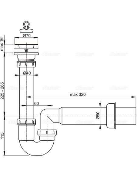Alcaplast Syfon zlewozmywaka rurowy Ø70 A800 Ø50