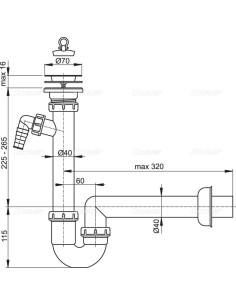 Alcaplast Syfon zlewozmywaka rurowy sitko nierdzewne Ø70 i z zlącze podłączeniowe A810 Ø40 2