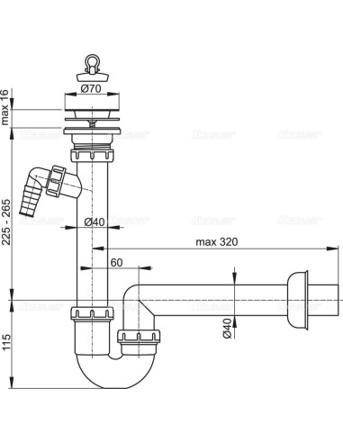 Alcaplast Syfon zlewozmywaka rurowy sitko nierdzewne Ø70 i z zlącze podłączeniowe A810 Ø40