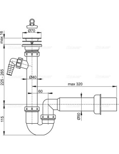 Alcaplast Syfon zlewozmywaka rurowy sitko nierdzewne Ø70 i z zlącze podłączeniowe A810 Ø50 2