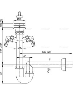Alcaplast Syfon zlewu rurowy dwa podłączenia sitko nierdzewne Ø70 A820 Ø40 2