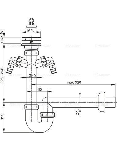 Alcaplast Syfon zlewu rurowy dwa podłączenia sitko nierdzewne Ø70 A820 Ø40