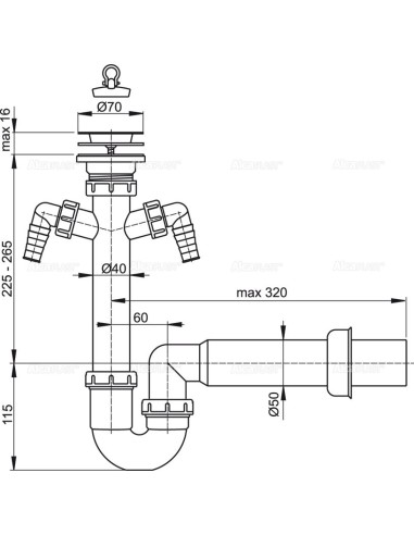 Alcaplast Syfon zlewu rurowy dwa podłączenia sitko nierdzewne Ø70 A820 Ø50
