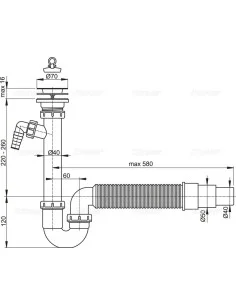 Alcaplast Syfon zlewu rurowy dwa przyłączem, z elastyczna rura i nierdzewnym sitkiem Ø70 A830 Ø50/40 2