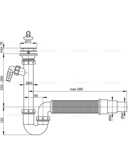 Alcaplast Syfon zlewu rurowy dwa przyłączem, z elastyczna rura i nierdzewnym sitkiem Ø70 A830 Ø50/40