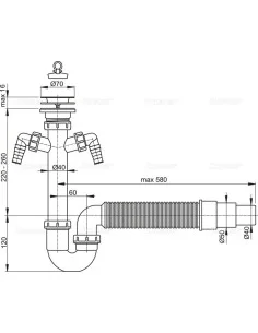 Alcaplast Syfon zlewu rurowy z dwoma zlaczkami, elastyczna rura i nierdzewnym sitkiem Ø70 A840 Ø50/40 2