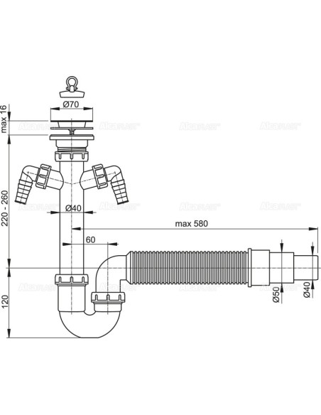 Alcaplast Syfon zlewu rurowy z dwoma zlaczkami, elastyczna rura i nierdzewnym sitkiem Ø70 A840 Ø50/40