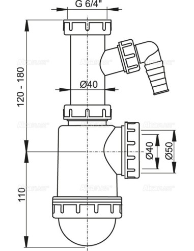 Alcaplast Półsyfon do zlewu z nakrętką 6/4" i podłączeniem A443P Ø50/40