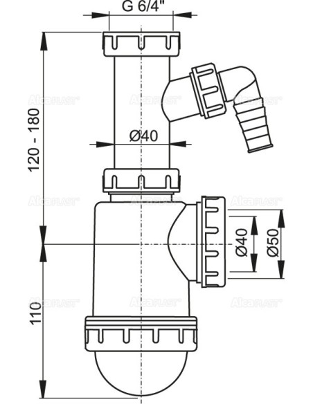 Alcaplast Półsyfon do zlewu z nakrętką 6/4" i podłączeniem A443P Ø50/40
